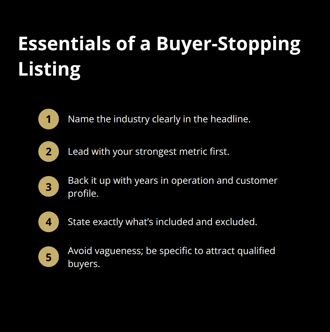 Compact checklist of must-have elements for a compelling business-for-sale listing.