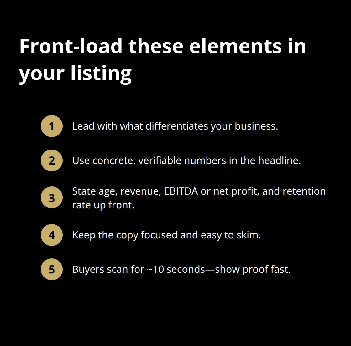Compact list of key elements to include at the top of a business-for-sale listing - DIY sellers toolkit