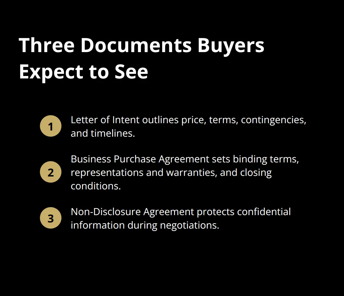Essential documents for a smooth small business sale: LOI, Business Purchase Agreement, and NDA.