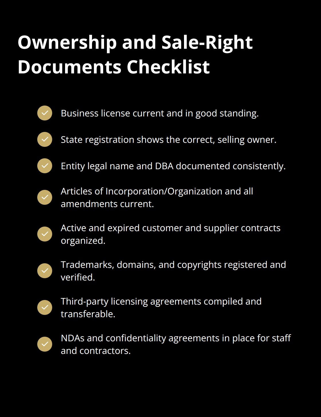Checklist of legal documents proving ownership and the right to sell a business. - Documents needed to sell