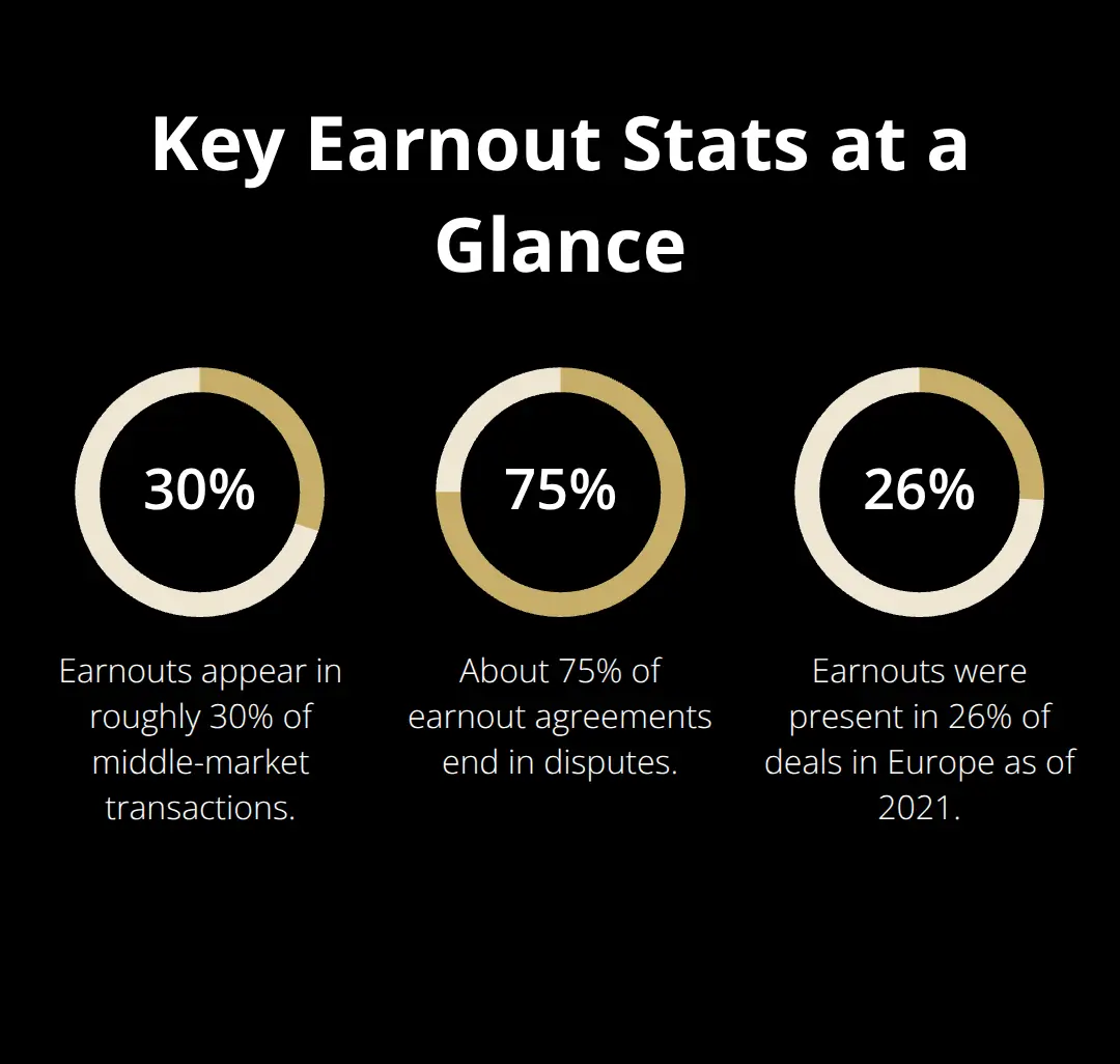 Three key percentages summarizing earnout prevalence and dispute rates. - earnout deals