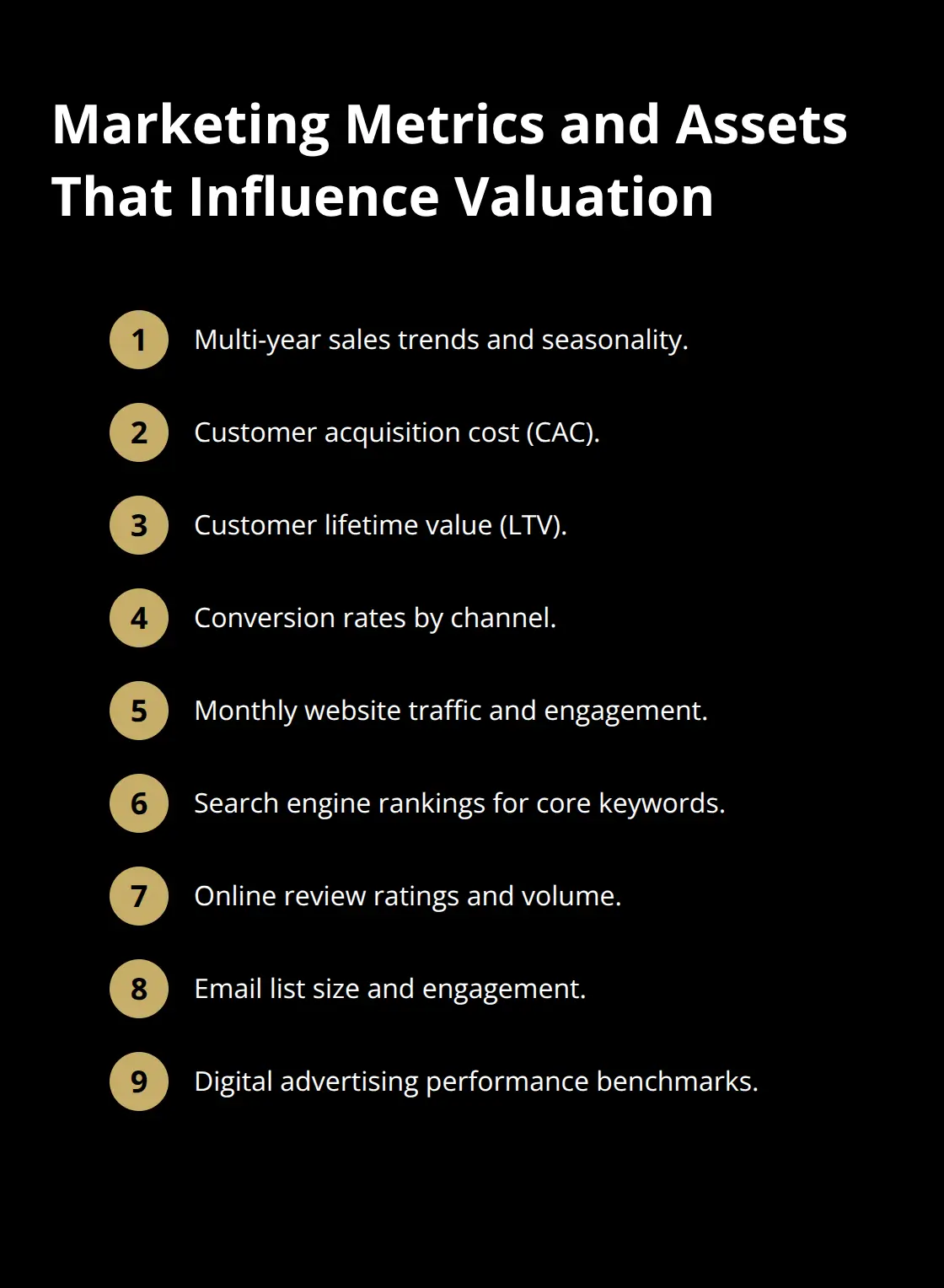 Compact list of marketing KPIs and assets that affect business sale prices.