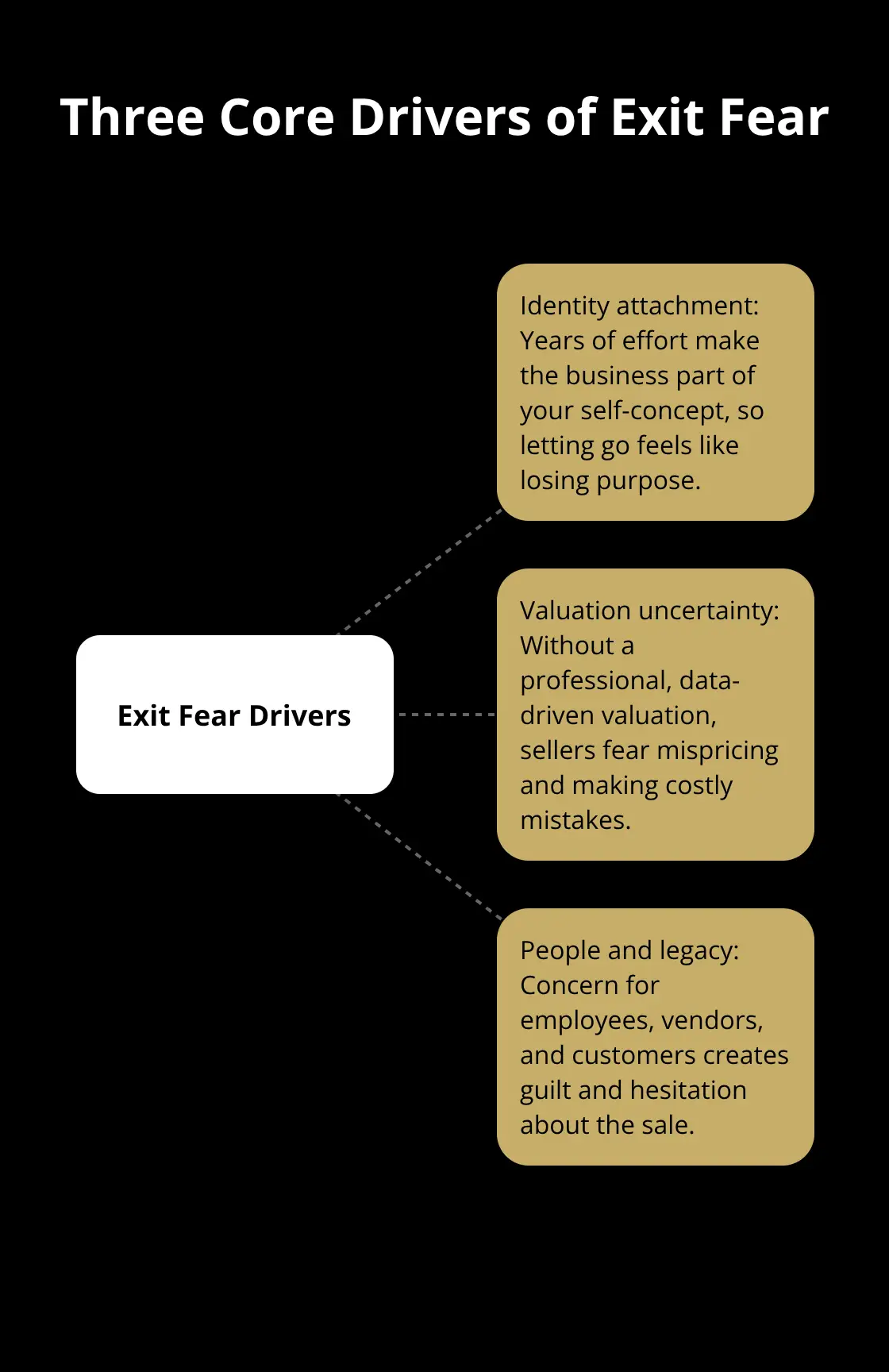 Visualization of identity attachment, valuation uncertainty, and employee/legacy concerns driving seller anxiety - exit fear