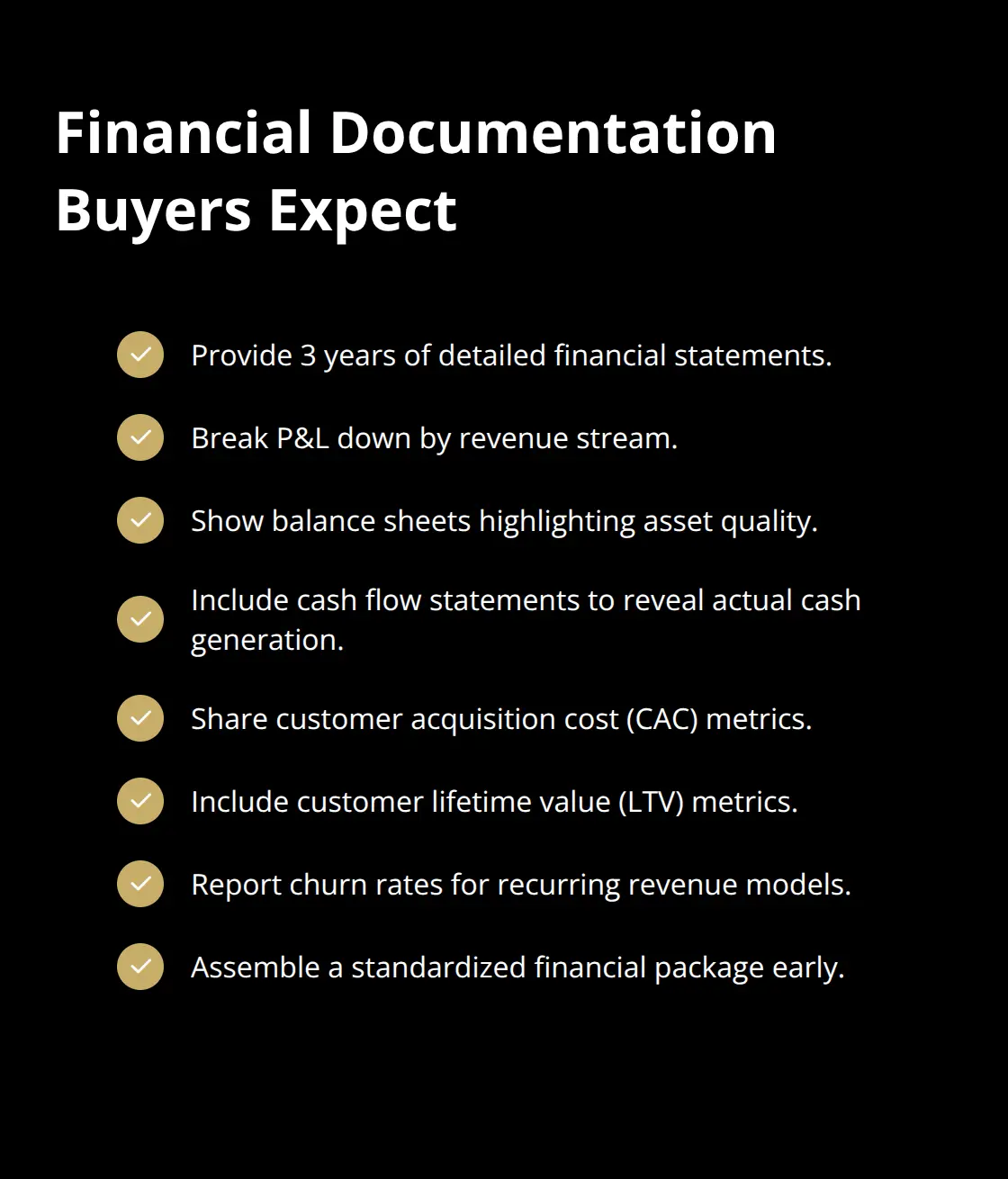Checklist of financial documents and metrics to prepare for a sale - exit innovation