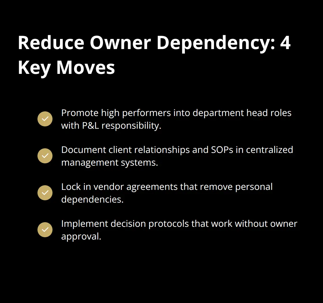 Checklist of four actions to reduce owner dependency before a sale. - exit mistakes