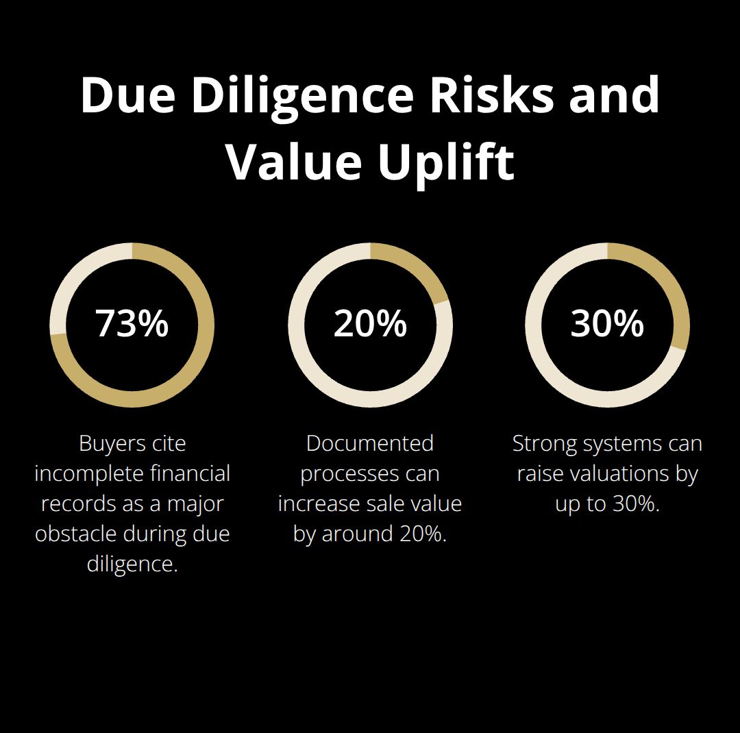 Percentages highlighting due diligence risks and the valuation impact of strong systems.
