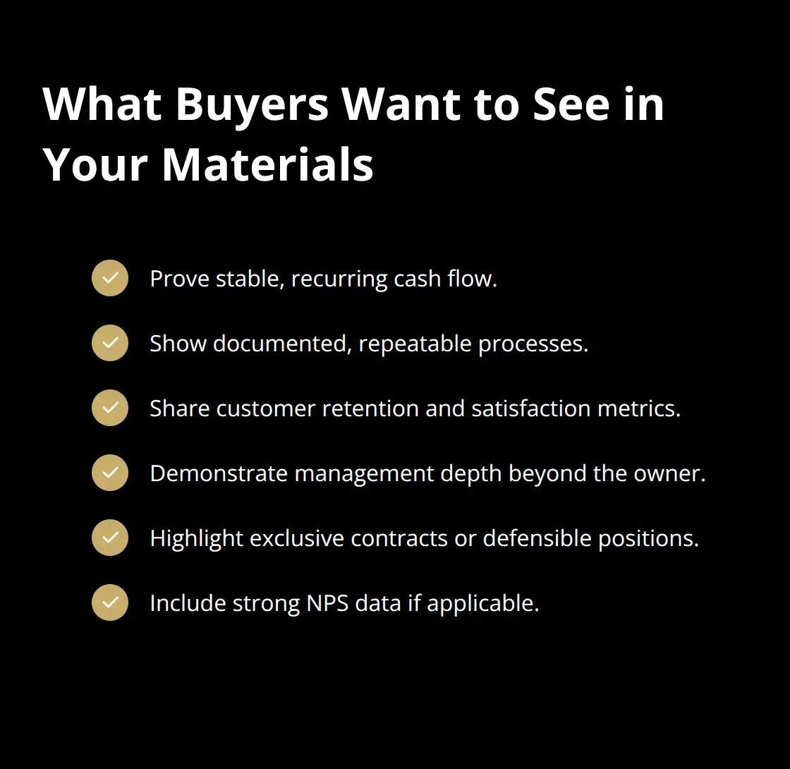 Compact checklist of proof points buyers expect before making an offer.
