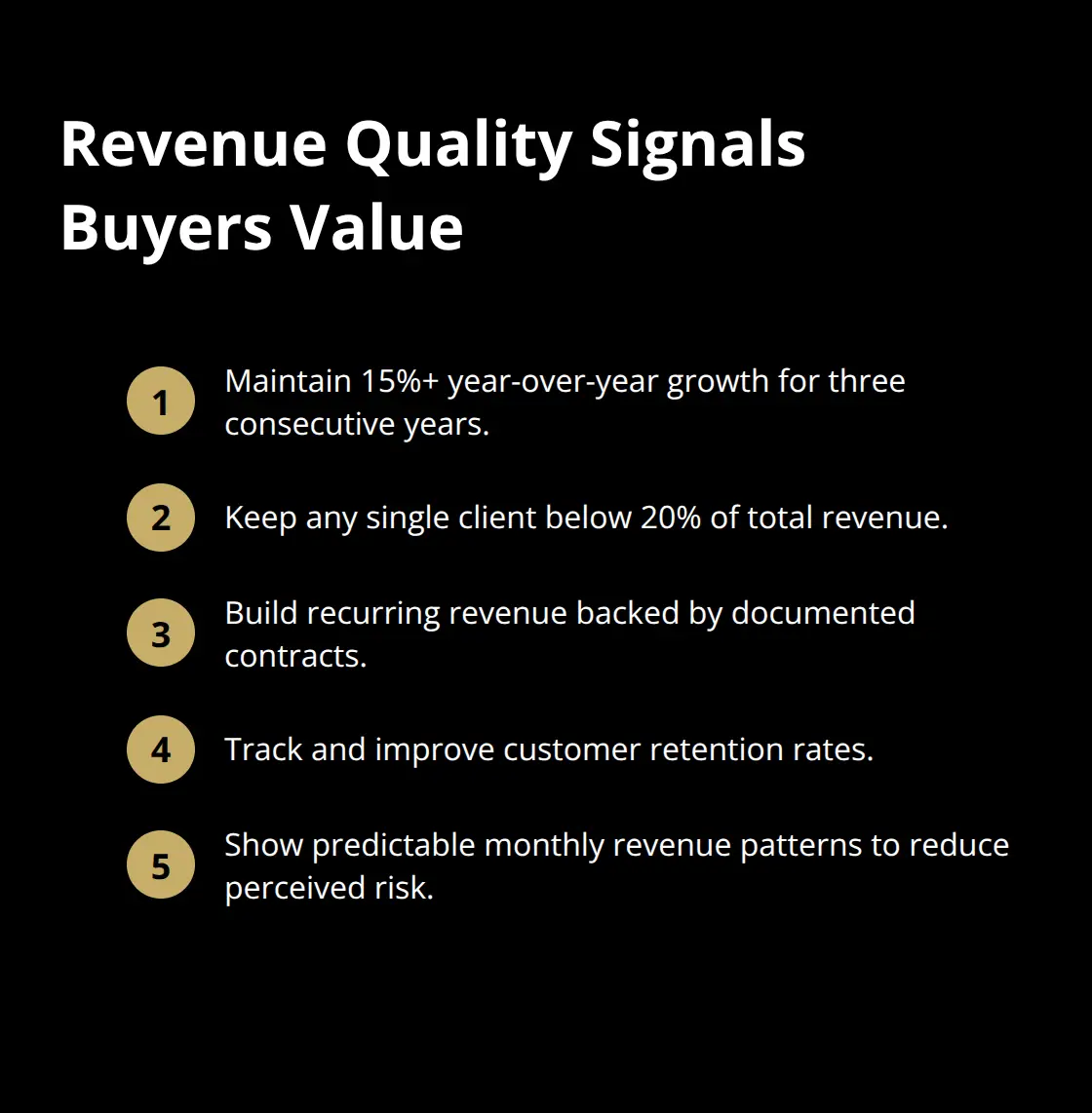 Compact list of revenue quality signals buyers look for before acquisition