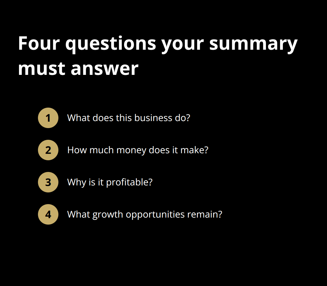 Compact list of four buyer questions for a business summary - exit readiness roadmap