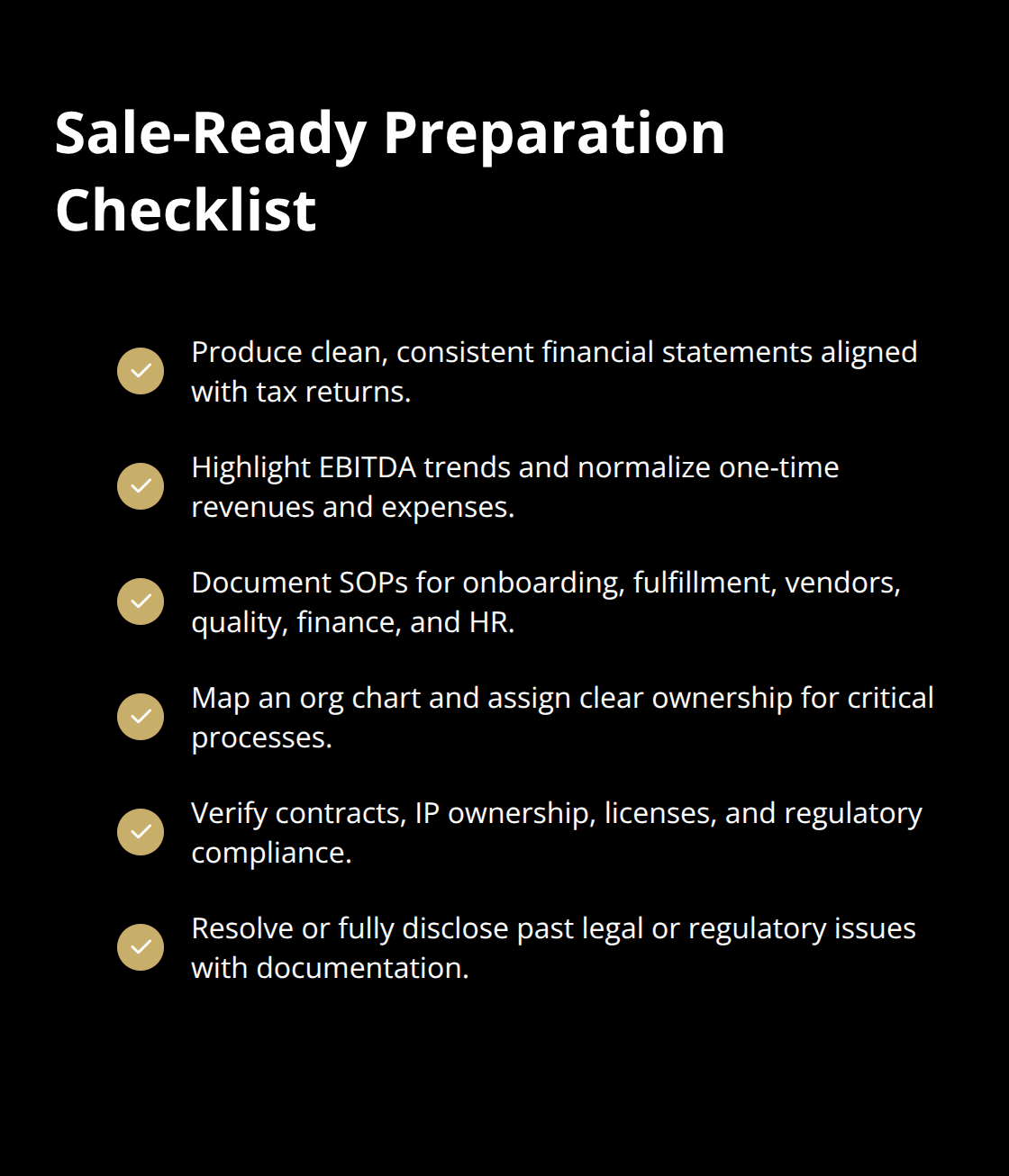 Checklist of key preparation steps buyers expect before a business goes to market.