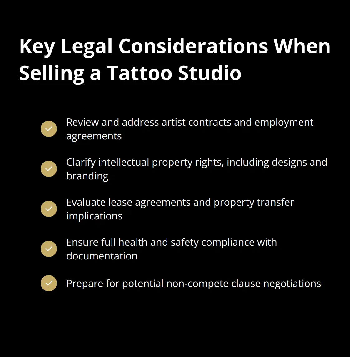 Checklist of key legal considerations for selling a tattoo studio