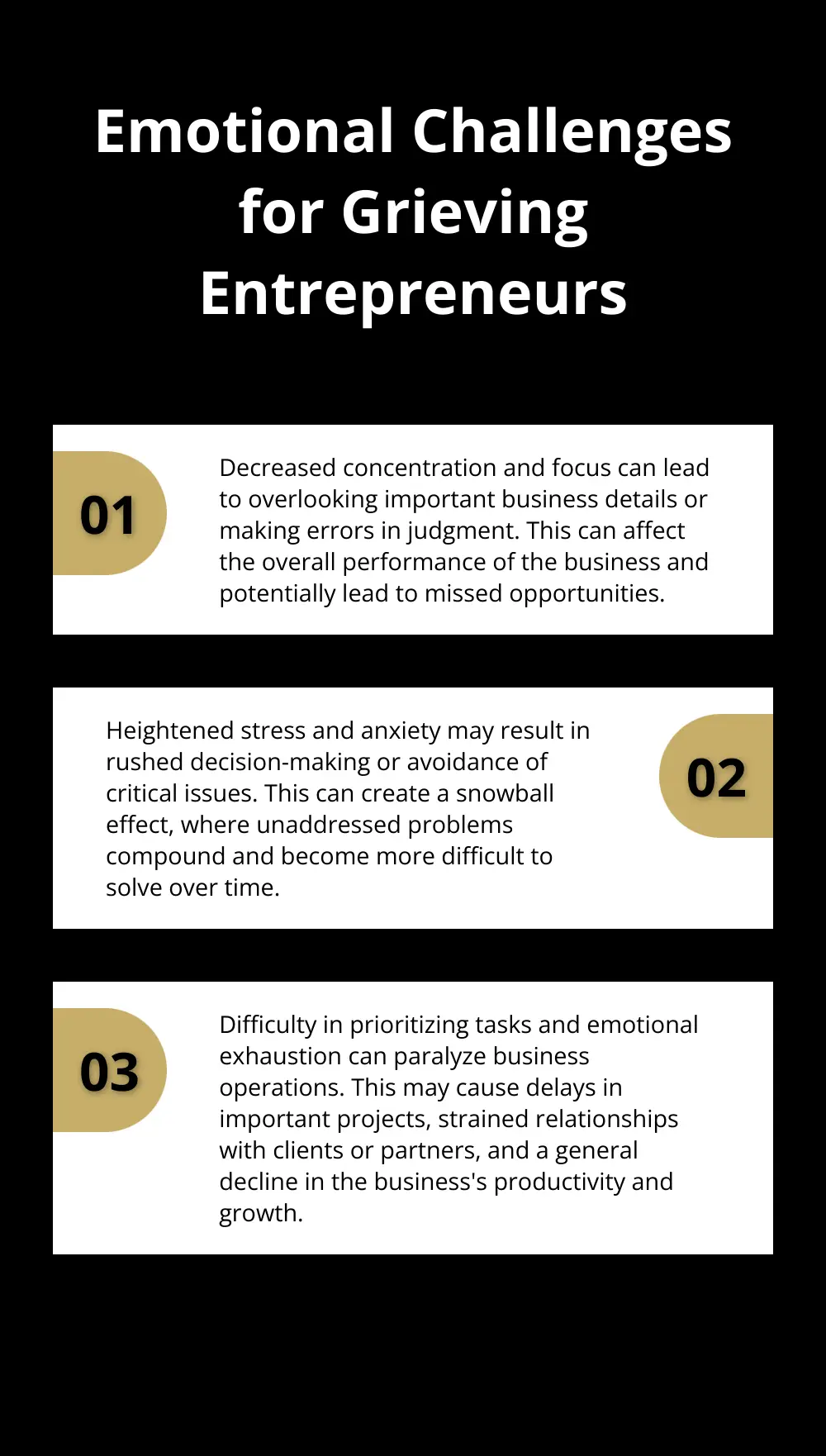 Chart showing four emotional challenges faced by entrepreneurs dealing with grief: decreased concentration, heightened stress, difficulty prioritizing, and emotional exhaustion. - how to sell a business after a death in the family