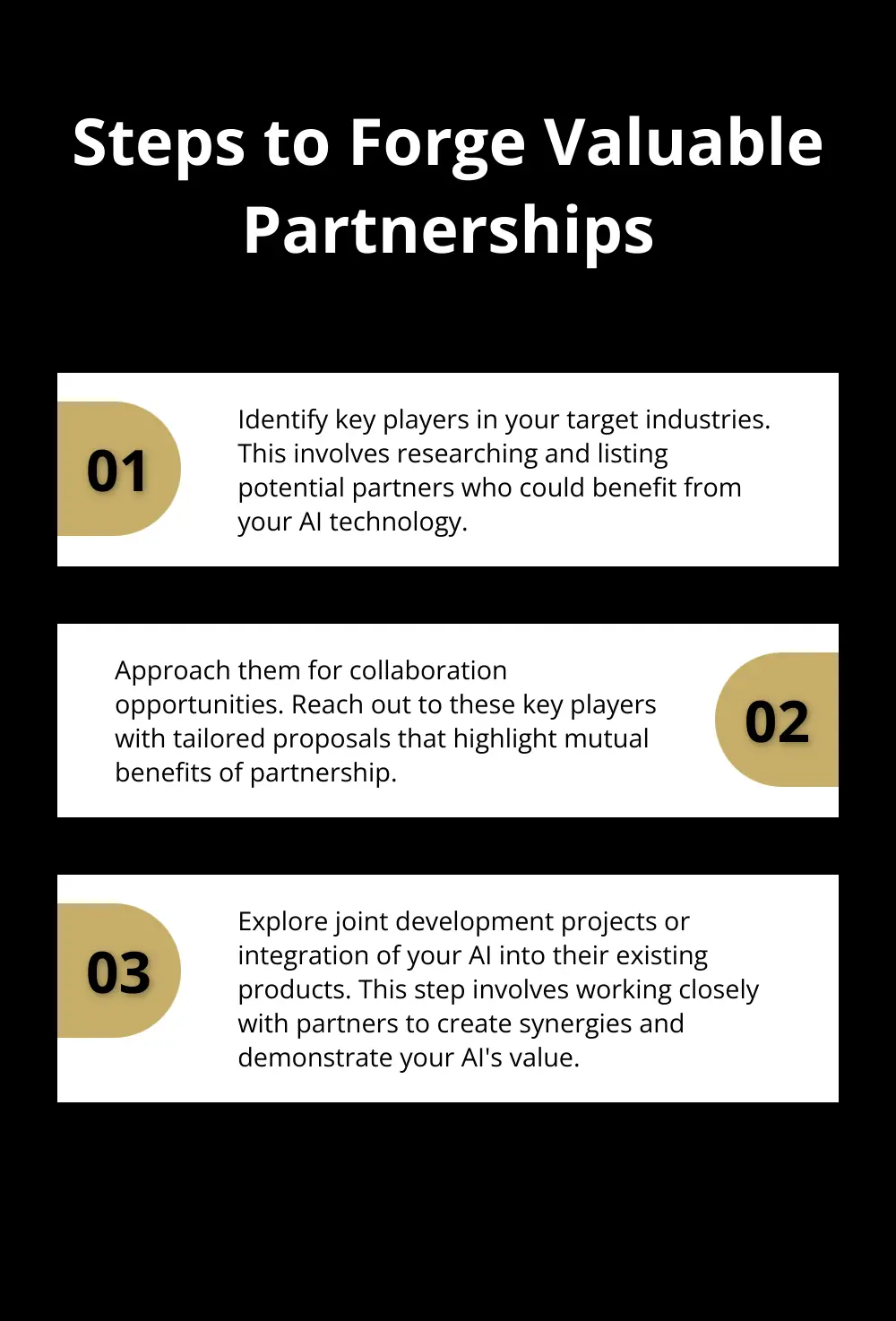 Ordered list chart showing three steps to forge valuable partnerships for AI startups - how to sell an ai company with limited revenue history