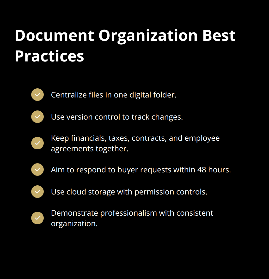 Checklist of best practices for organizing documents during a business sale.