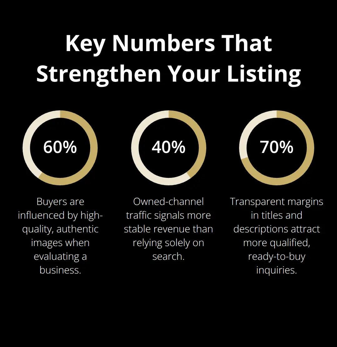 Infographic showing 60% image influence, 40% owned-traffic stability, and 70% margins example for stronger listings. - list a business online