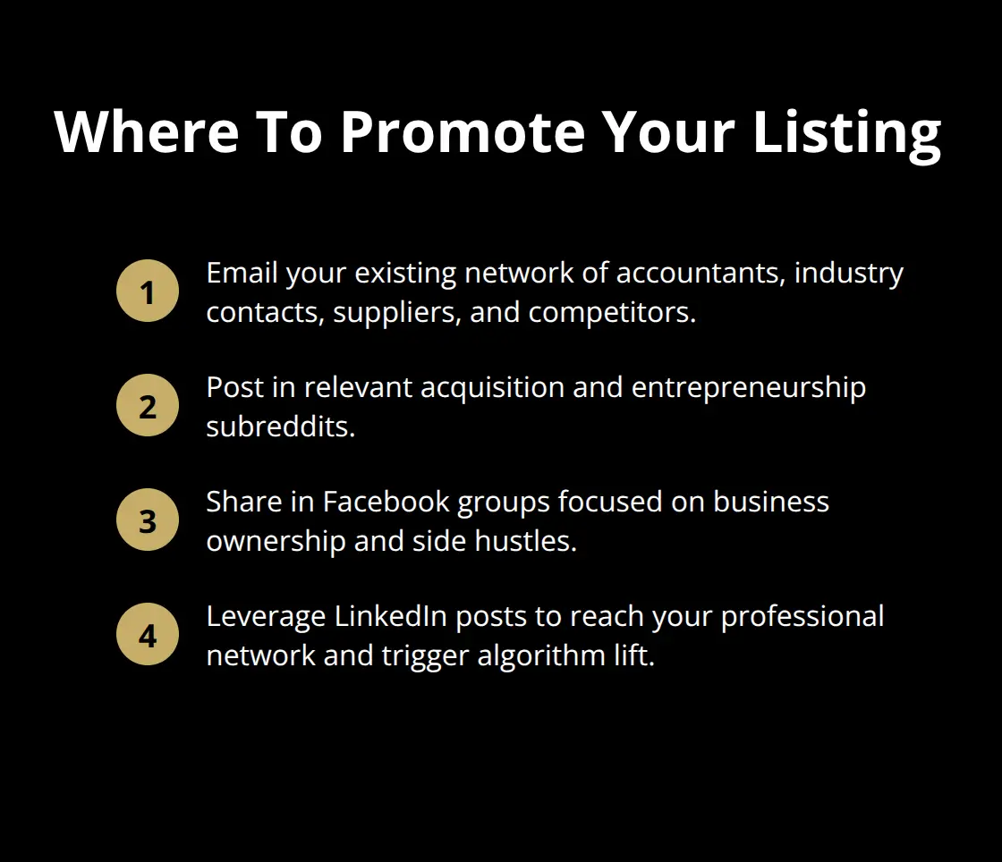Compact list of channels to promote a business-for-sale listing: email network, subreddits, Facebook groups, LinkedIn.