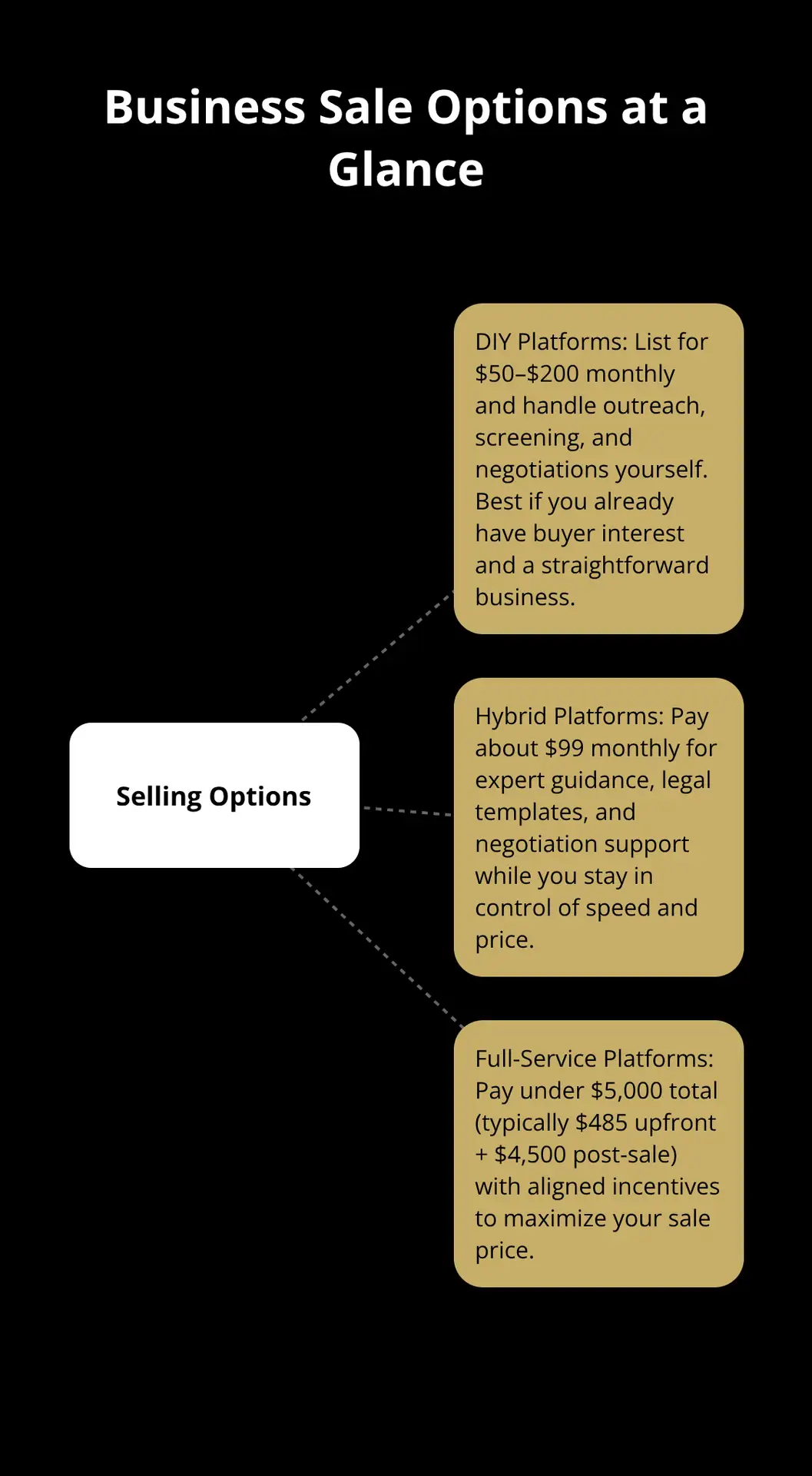 Hub-and-spoke graphic showing DIY, Hybrid, and Full-Service business sale options with brief descriptions. - low cost brokerage options