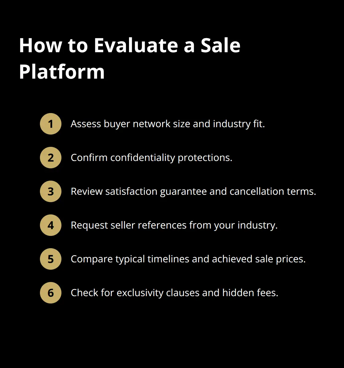 Compact checklist of criteria to assess business sale platforms before committing. - low cost brokerage options