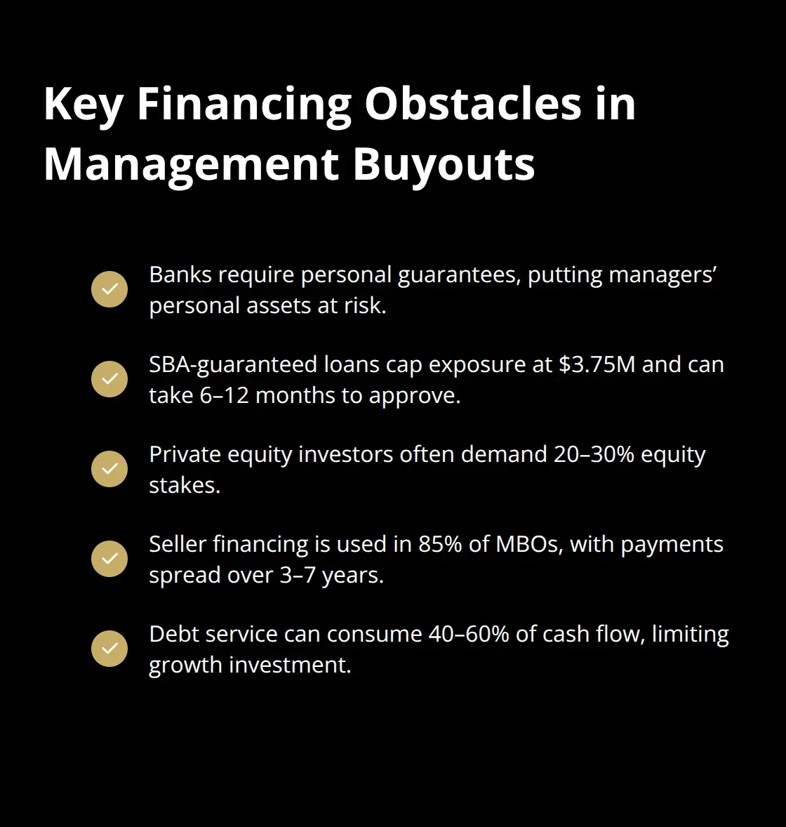 Checklist of common financing hurdles faced by management teams in buyouts