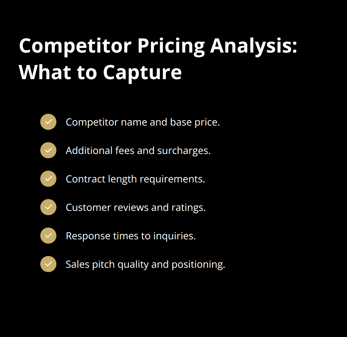 Checklist of the key fields to record during a competitor pricing analysis.