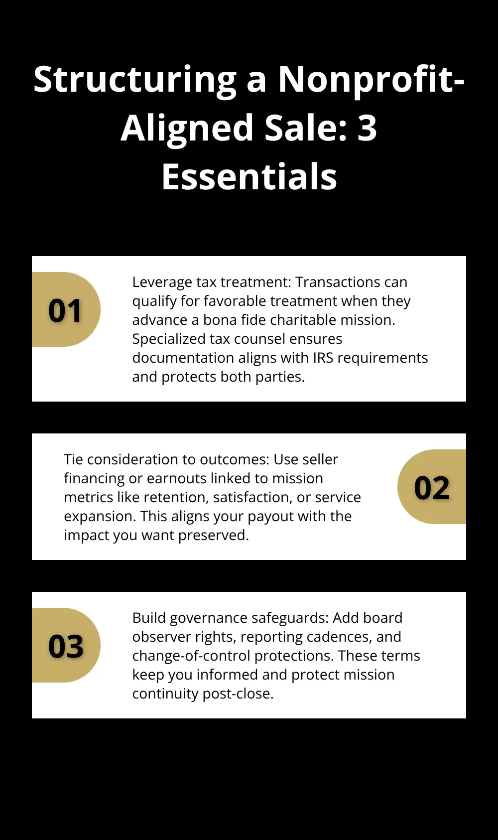 Three key elements for structuring a nonprofit-aligned sale: tax, terms, and governance. - nonprofit aligned sales