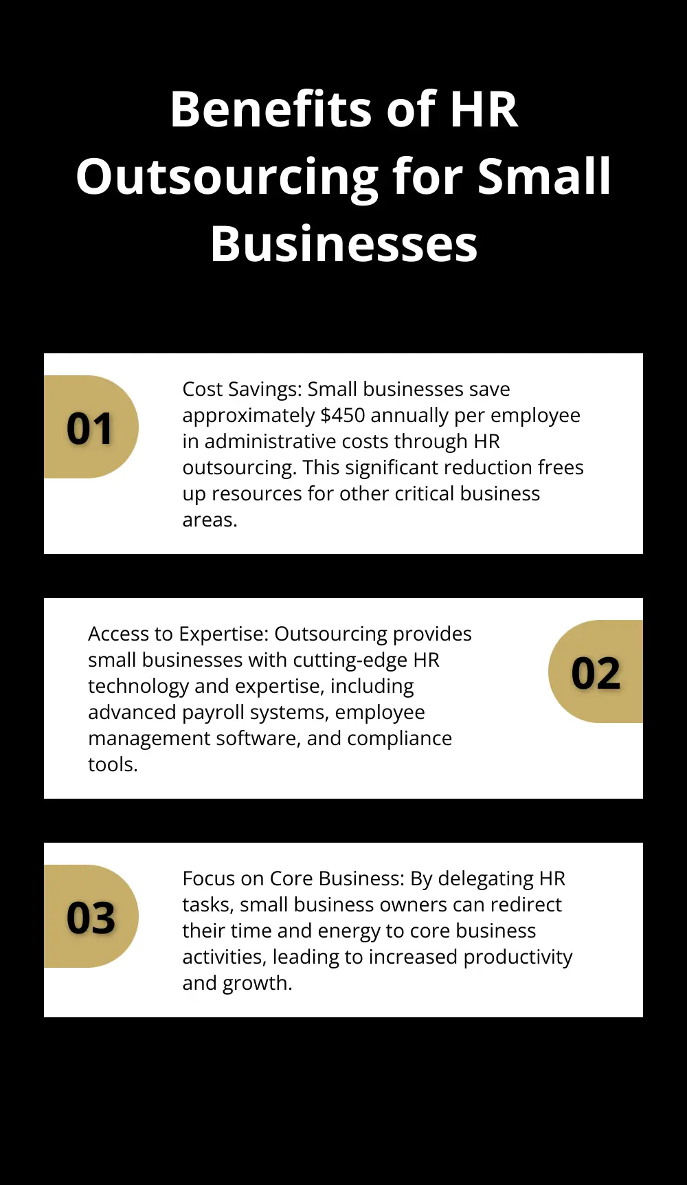 Chart listing three key benefits of HR outsourcing for small businesses, including cost savings, expertise access, and focus on core activities - outsourcing human resources for small business