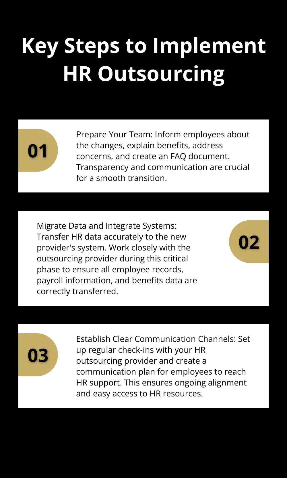 Chart listing three crucial steps for implementing HR outsourcing in small businesses