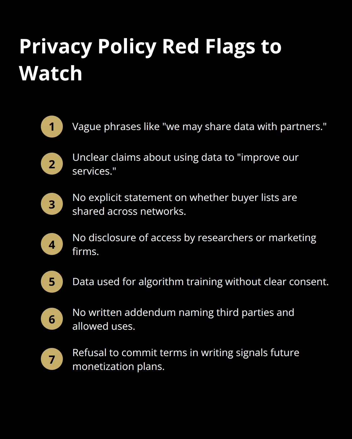 Compact list of privacy policy red flags sellers should watch for on U.S. business sale platforms.