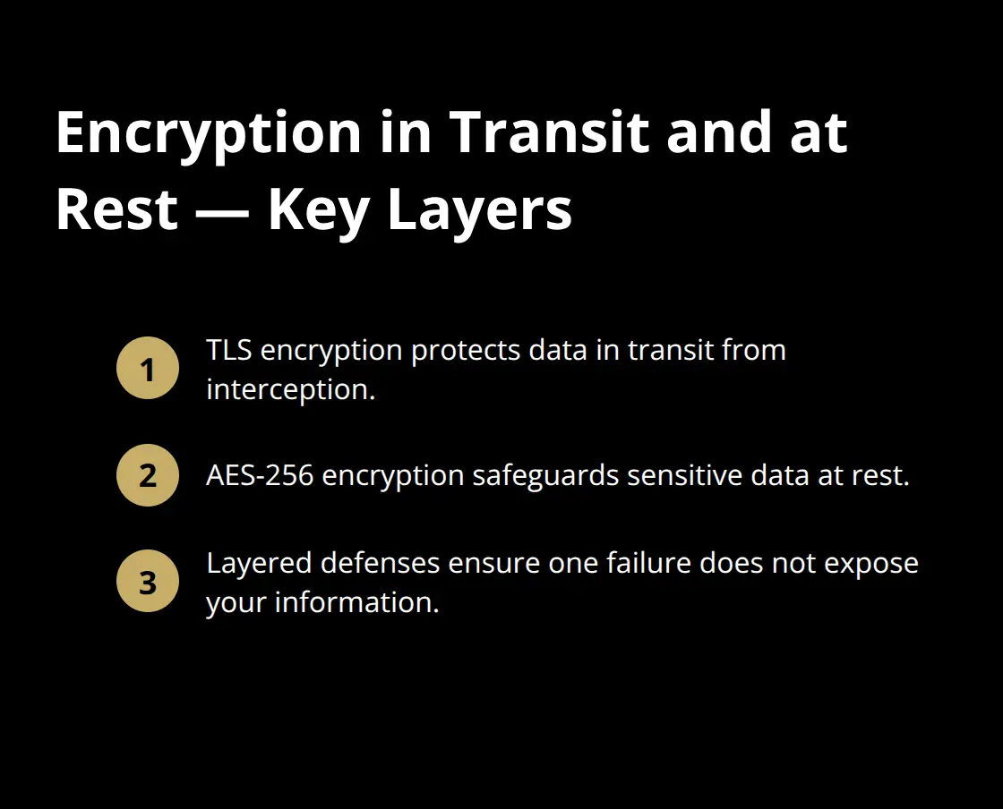 Three key encryption layers: TLS in transit, AES-256 at rest, and overlapping defenses. - platform security measures