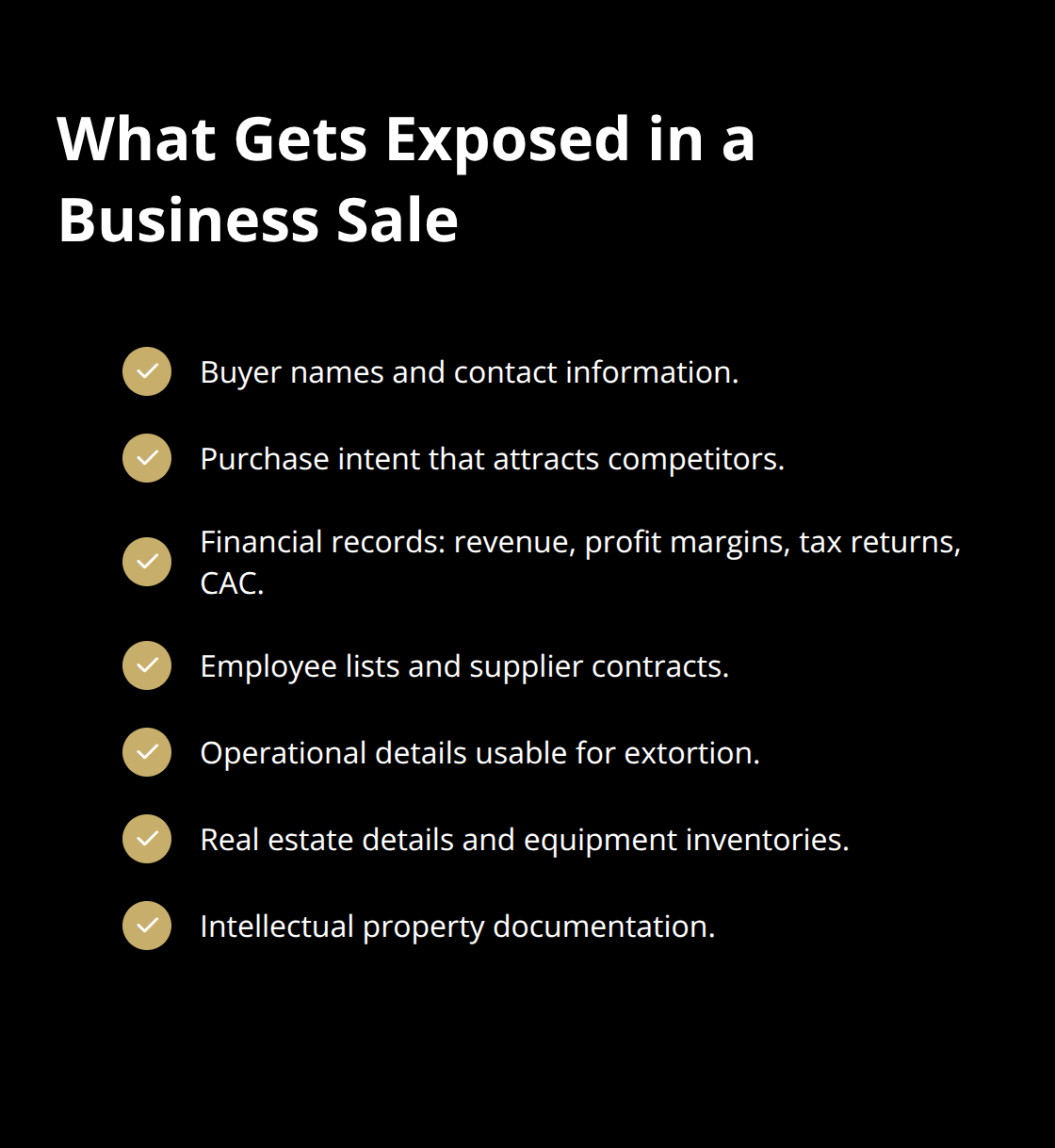 Checklist of sensitive information commonly exposed during a business sale - platform security measures
