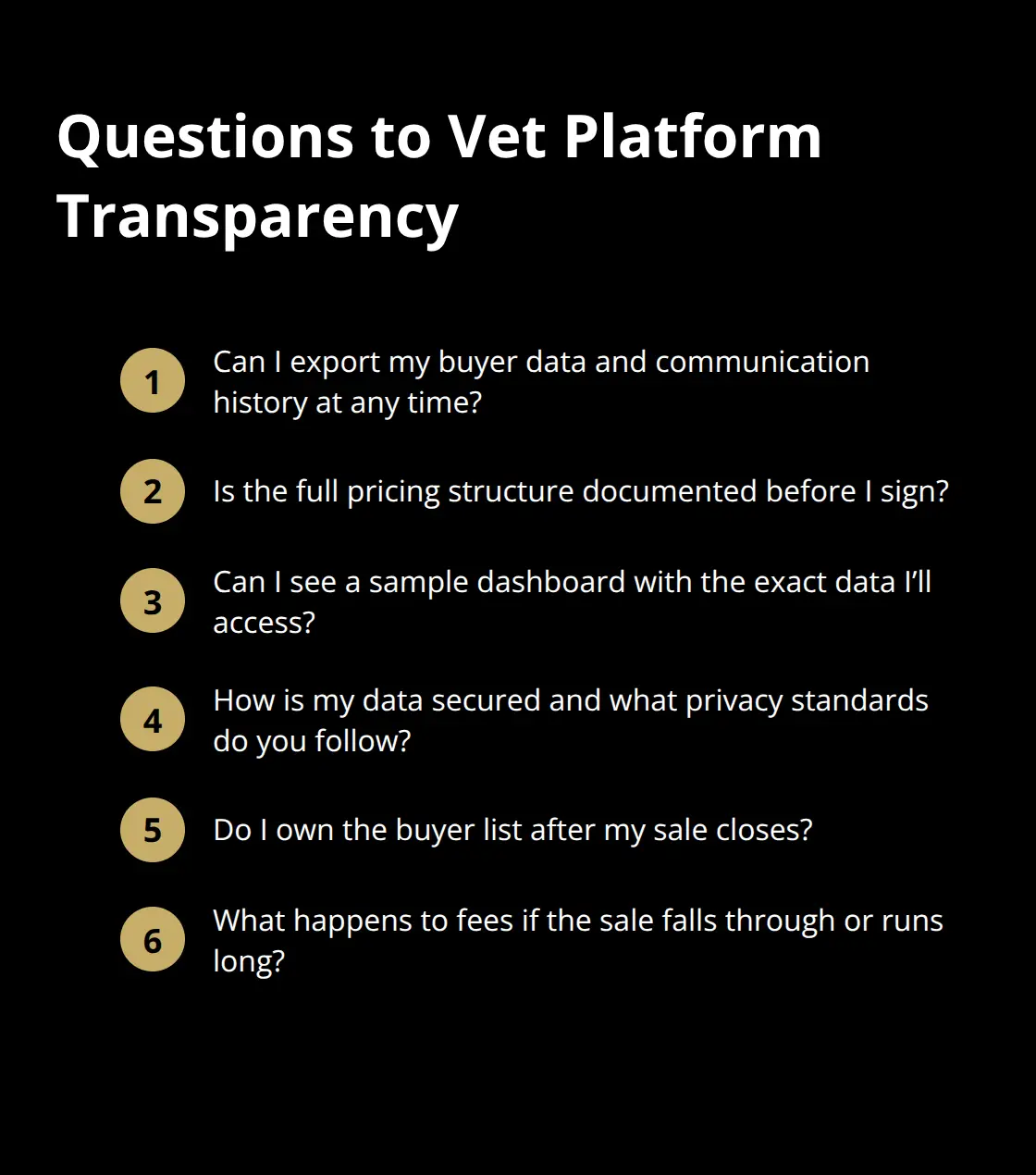 Compact checklist of must-ask transparency questions for selling platforms. - platform transparency features