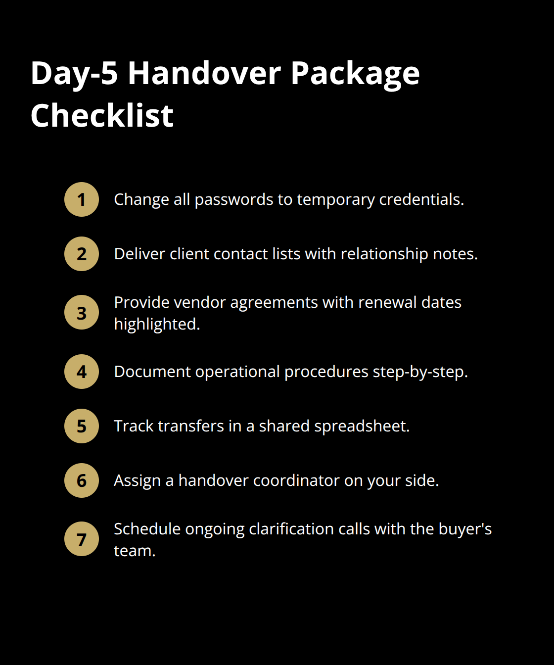 Compact checklist of critical items to deliver by day five after closing - post sale support plan