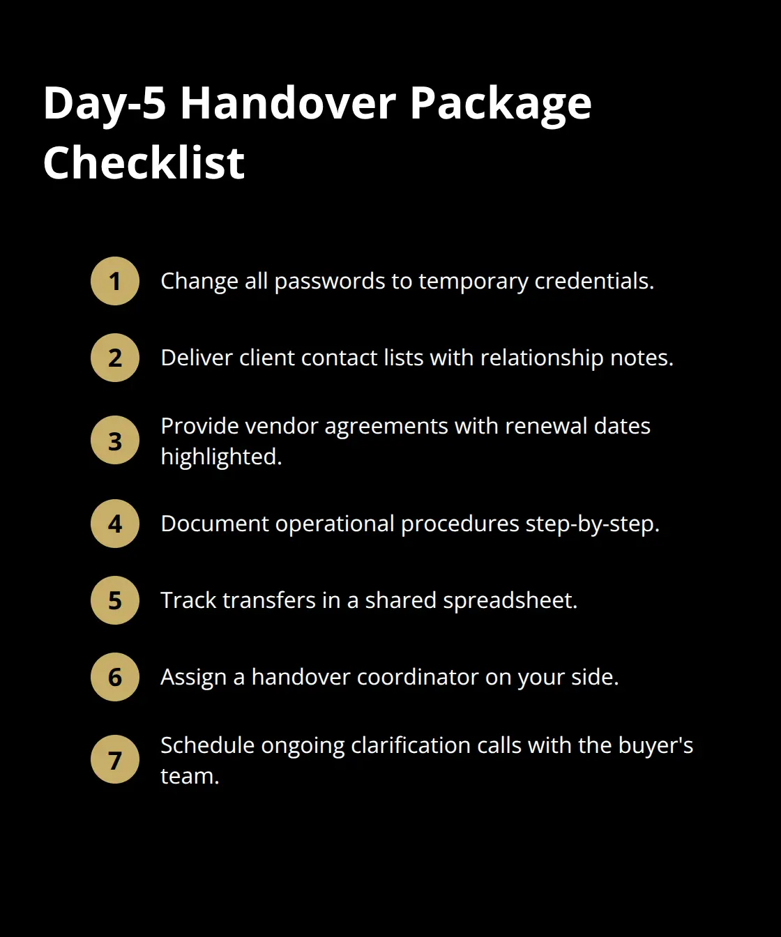 Compact checklist of critical items to deliver by day five after closing - post sale support plan
