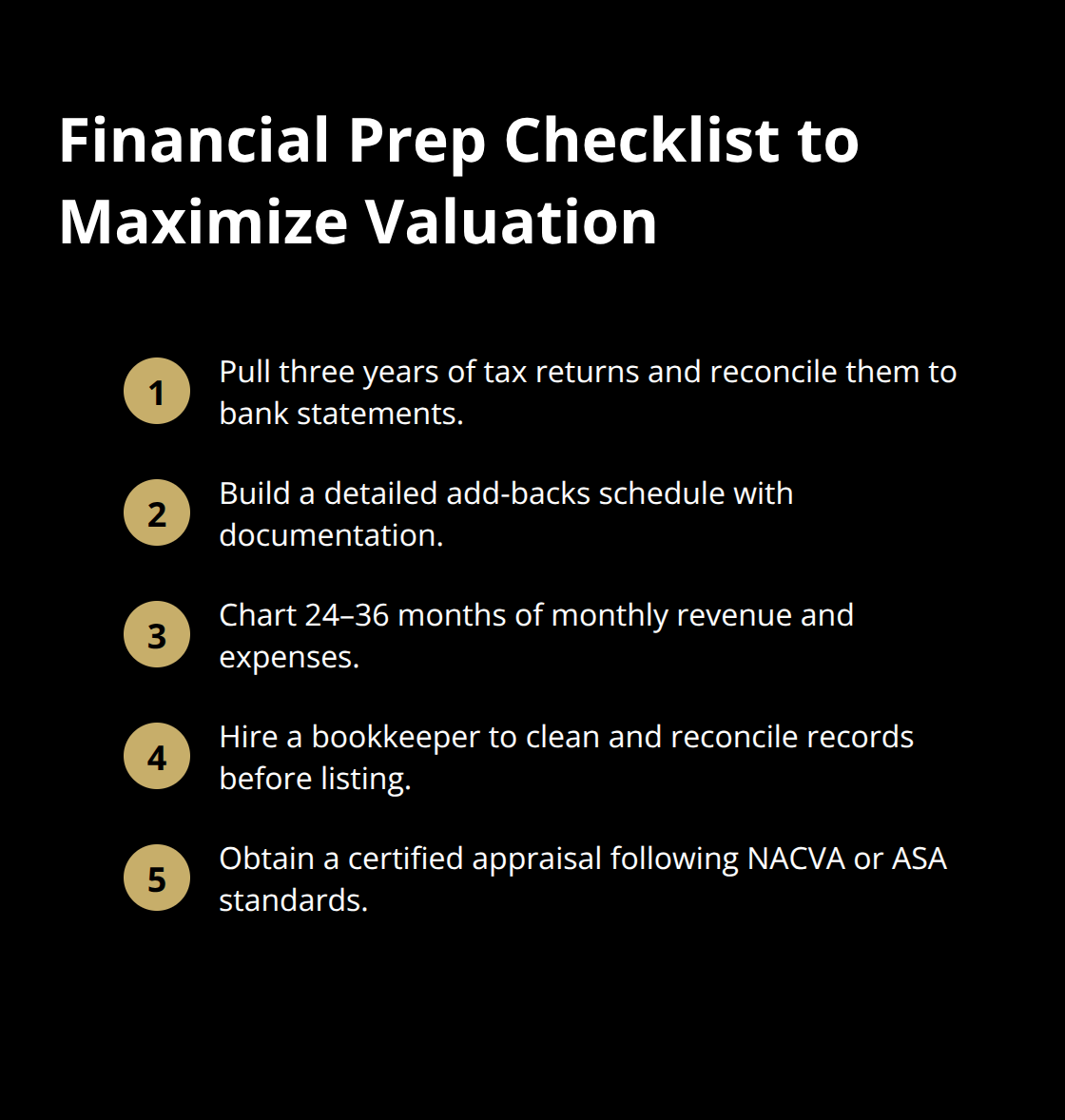 Compact checklist of steps to prepare financial records for a stronger valuation.