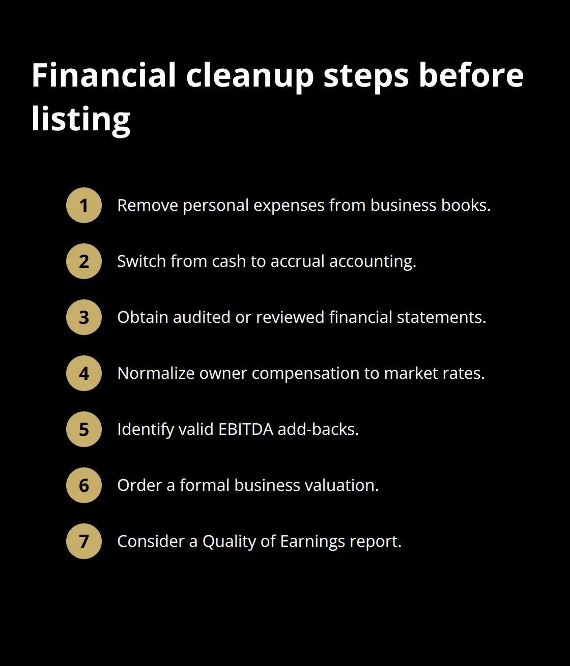 Compact checklist of key financial preparation steps before selling a business in the U.S. - pre sale exit planning