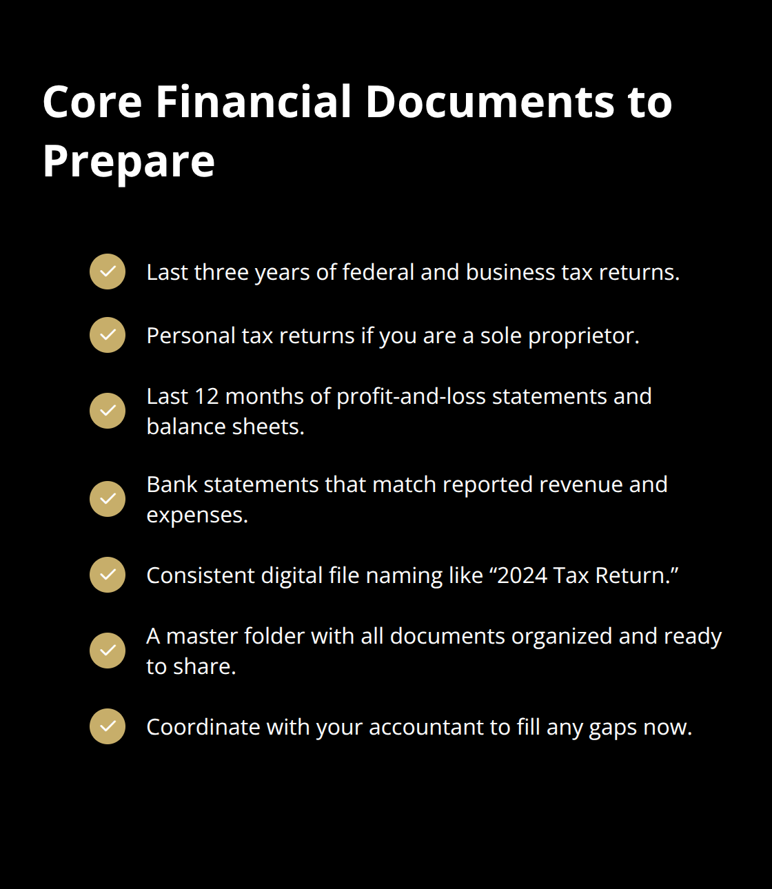 Checklist of essential financial documents sellers should organize before listing a business in the U.S.