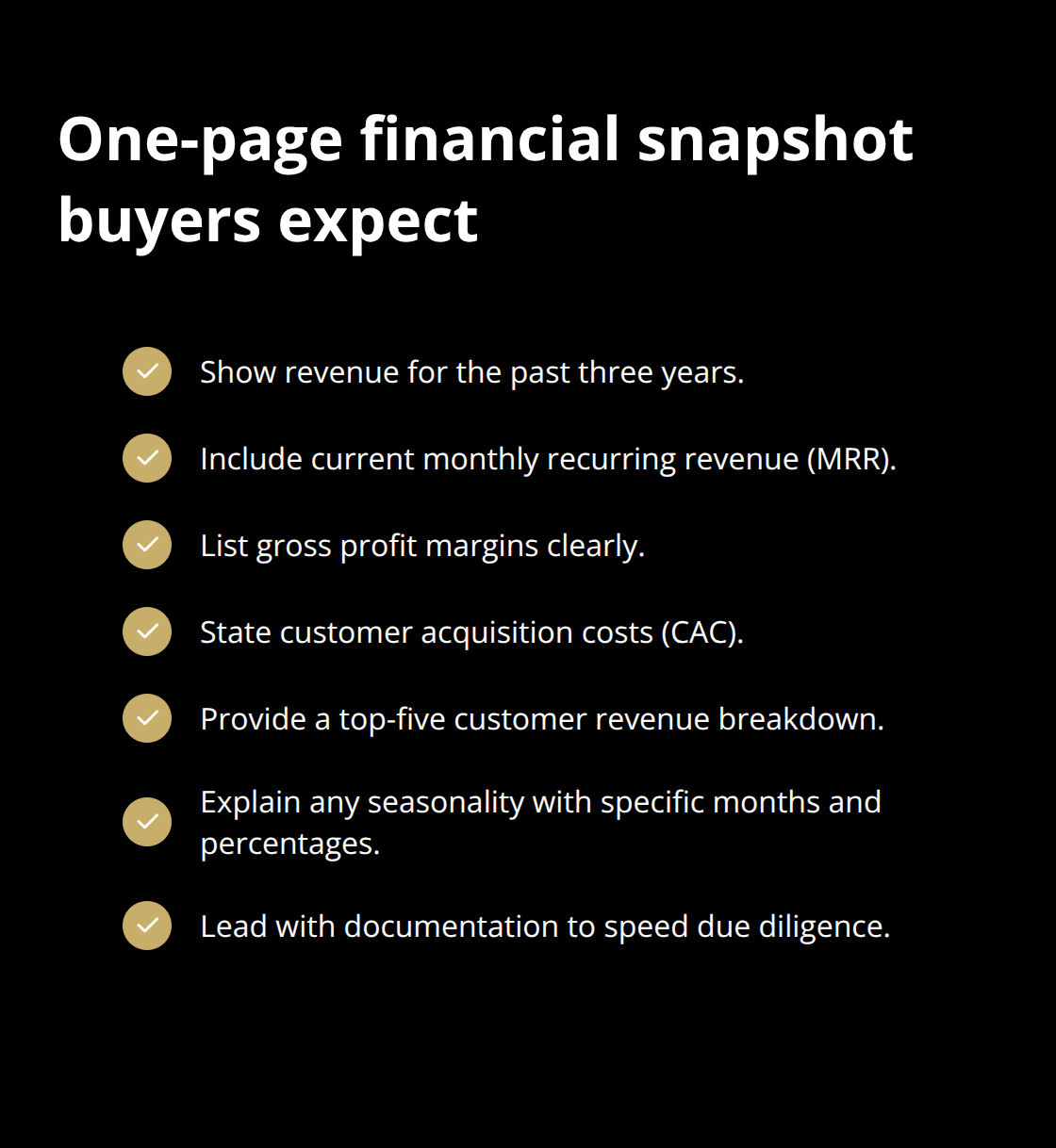 Checklist of financial details to include in a pre-sale summary - Pre sale marketing tools