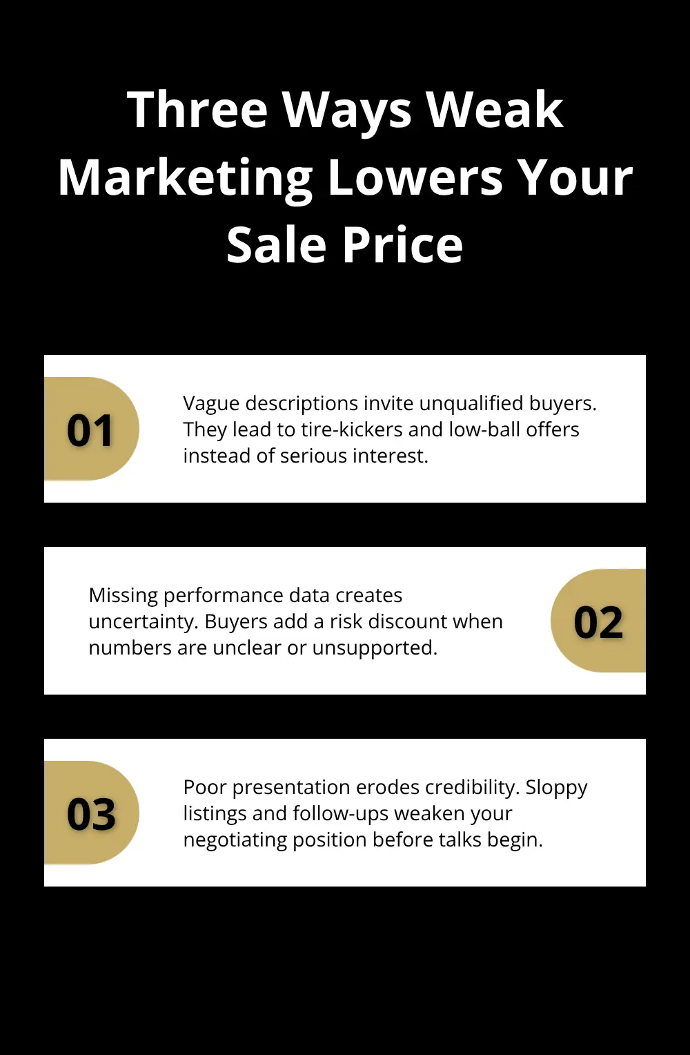 Infographic listing three ways weak marketing reduces business sale value - premium marketing tools