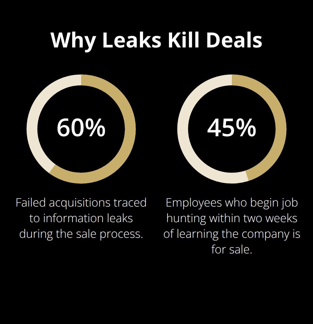 Chart showing 60% of failed acquisitions due to leaks and 45% of employees job hunting after sale news. - Private business sale tips
