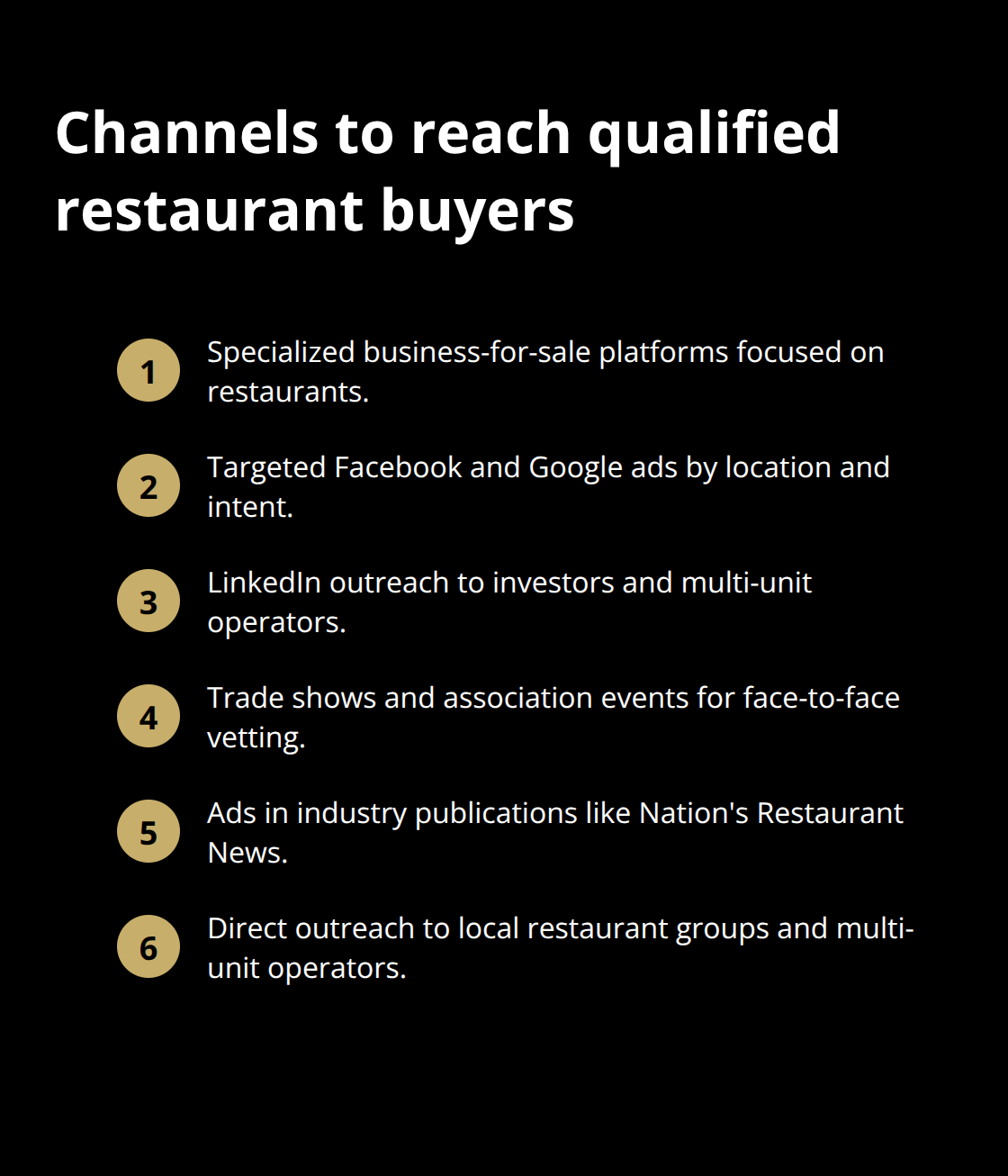 Compact list of effective channels to find serious restaurant acquisition candidates in the U.S.