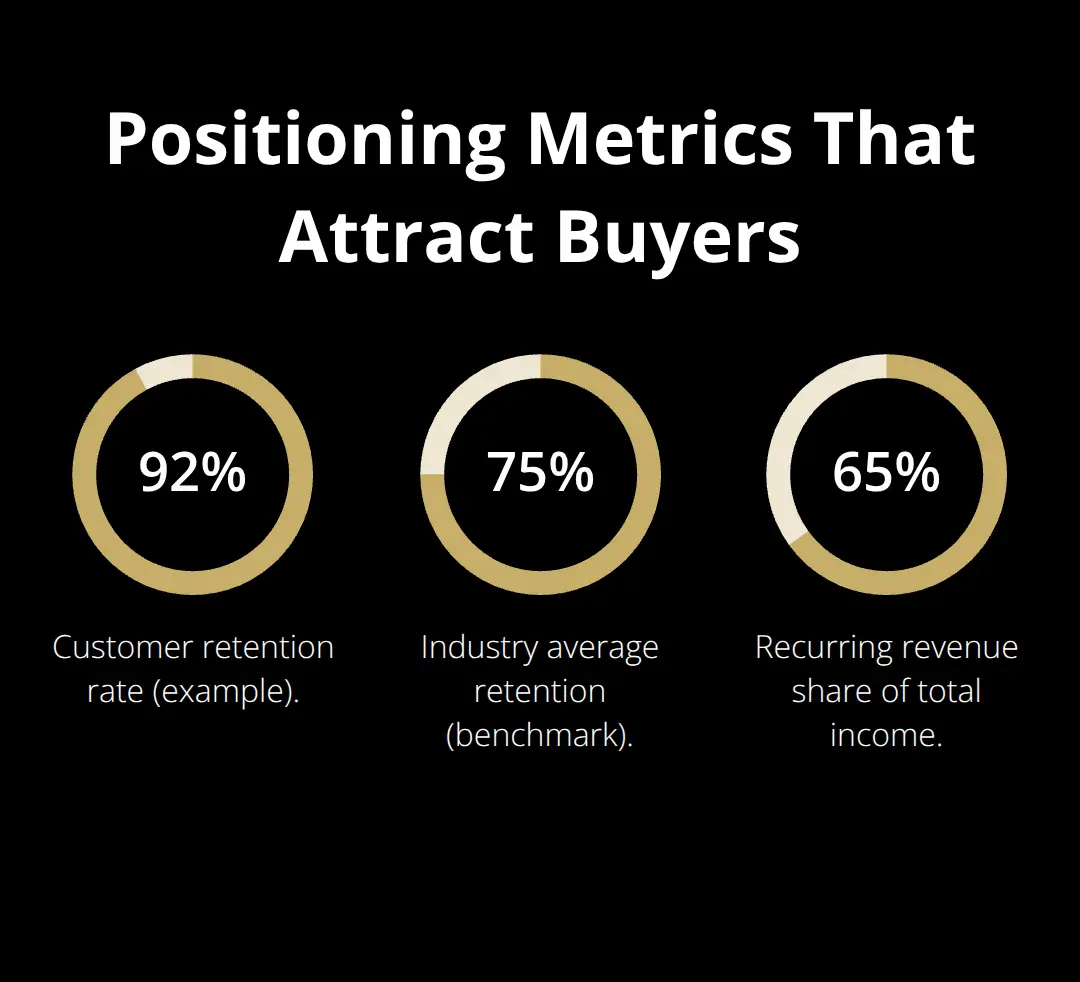 Percentage chart comparing 92% retention to a 75% industry average and 65% recurring revenue share.
