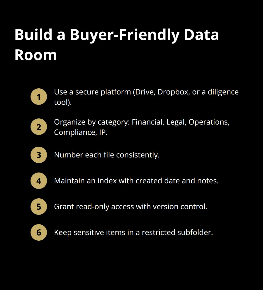 Compact checklist of steps to structure a secure, organized due diligence repository - sale documents