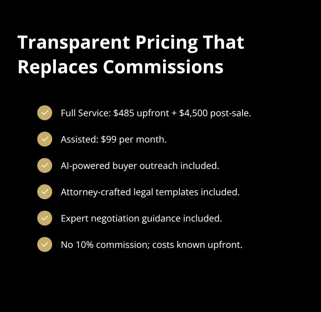 Checklist of transparent platform pricing and included tools compared to traditional broker commissions. - sale efficiency