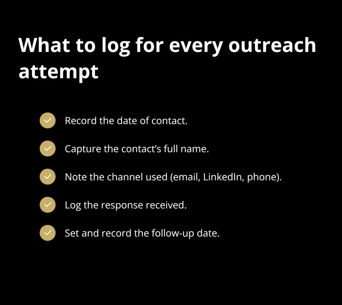 Checklist of key fields to track outreach and follow-ups - sale marketing