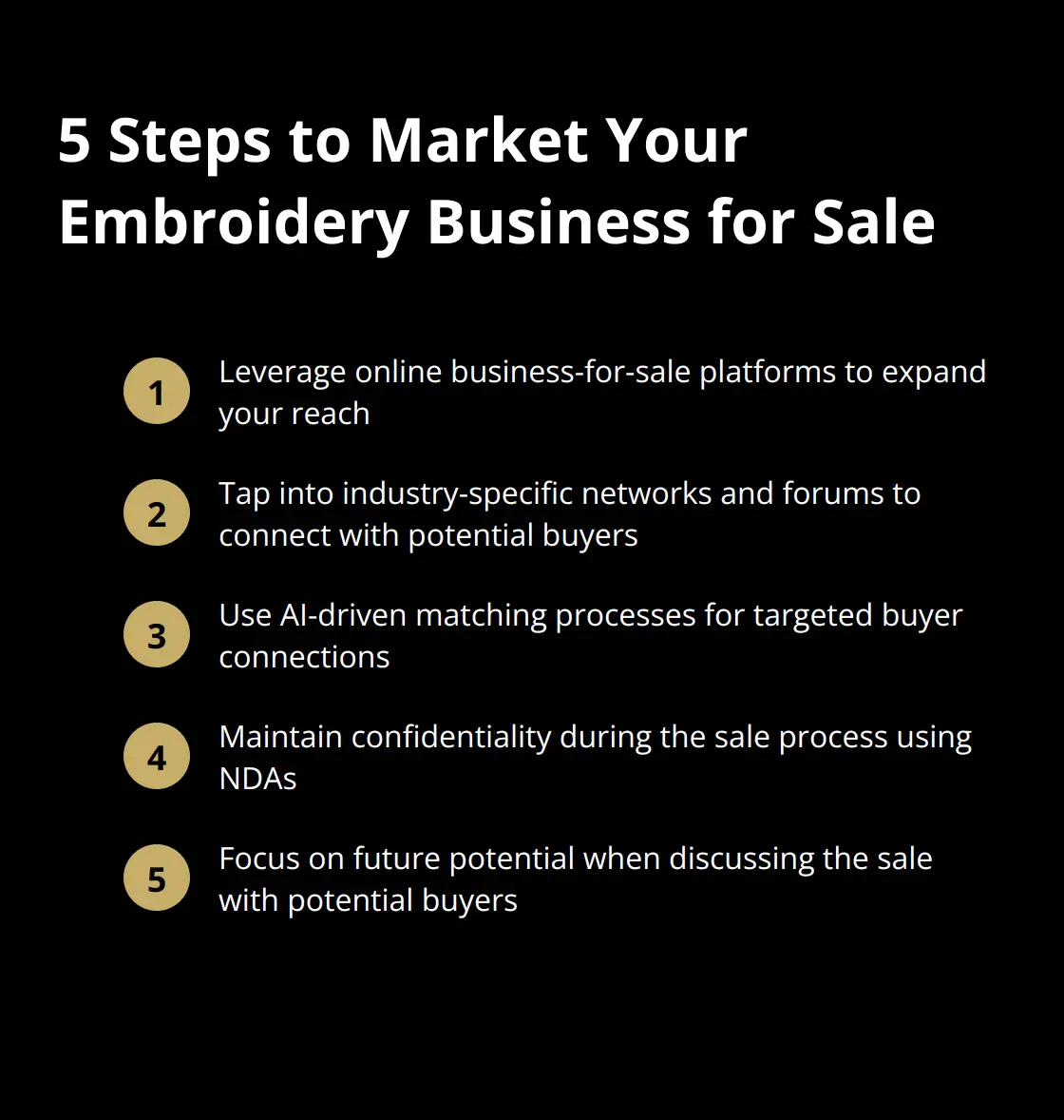 Chart listing 5 key steps to effectively market an embroidery business for sale