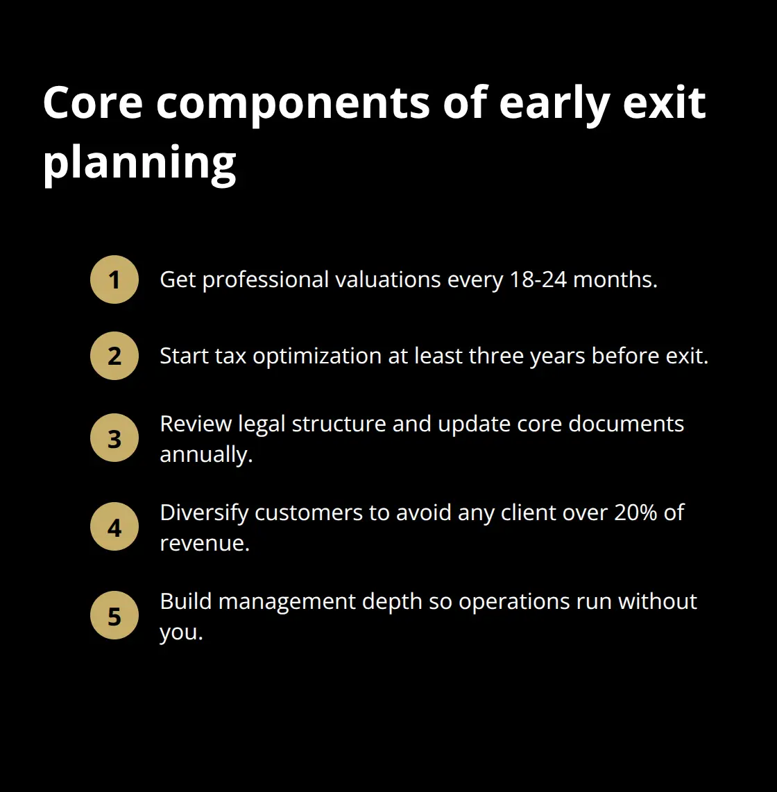 Checklist of key components to maximize business value - sale timing