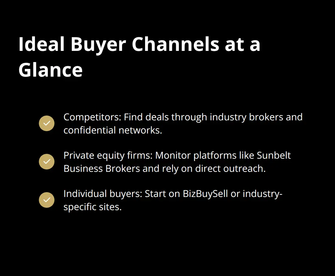 Checkmark list of where key buyer types typically look for acquisition opportunities. - sell a business fast