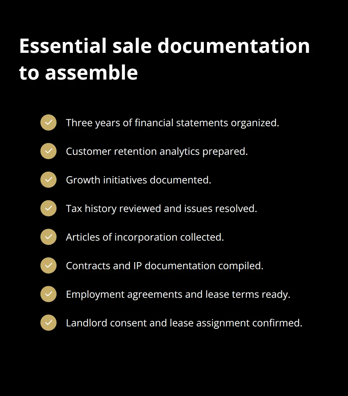 Checklist of documents and analyses to prepare before listing a business for sale