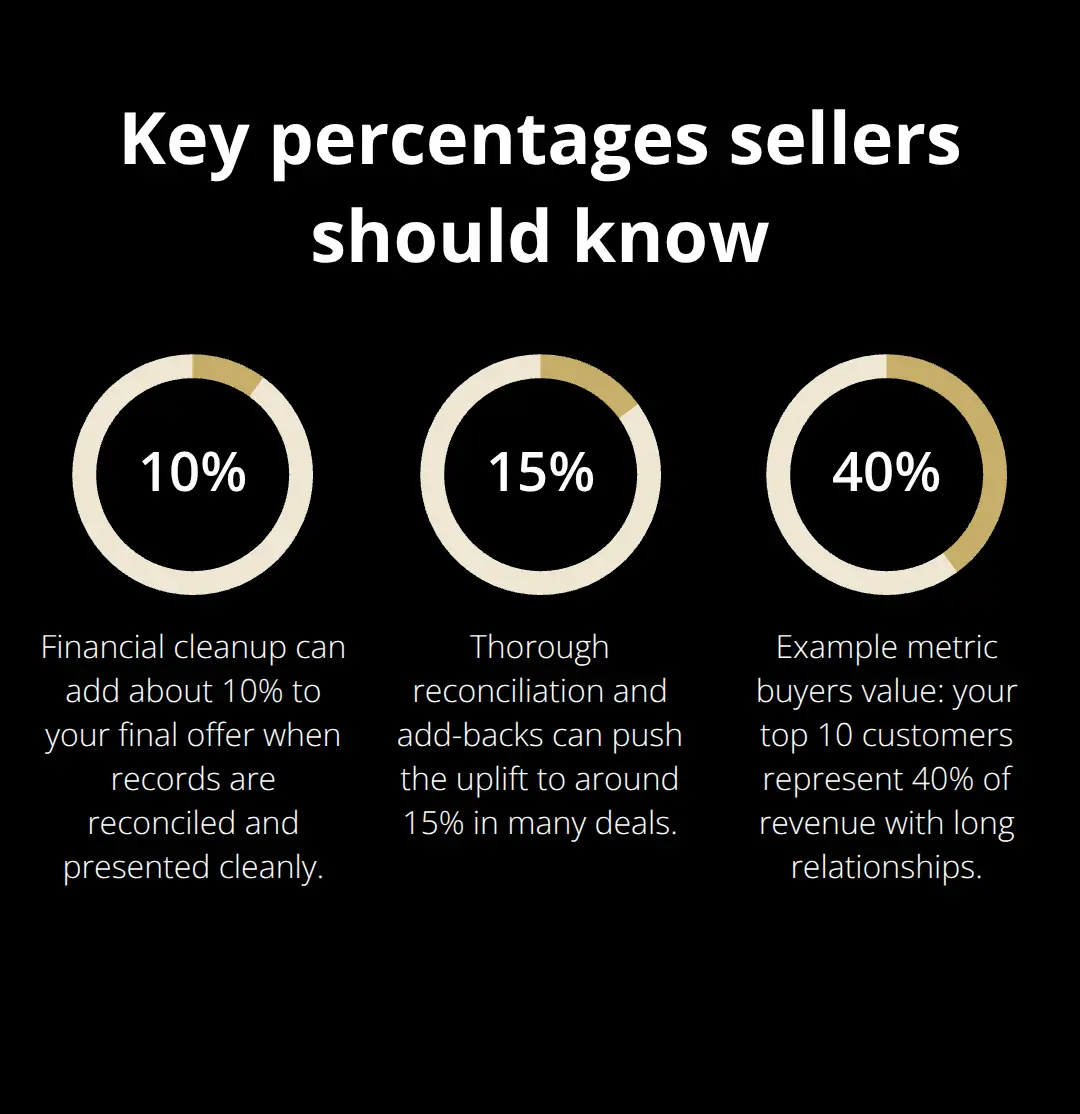 Chart showing 10%–15% offer uplift from cleanup and key concentration metrics - sell a business