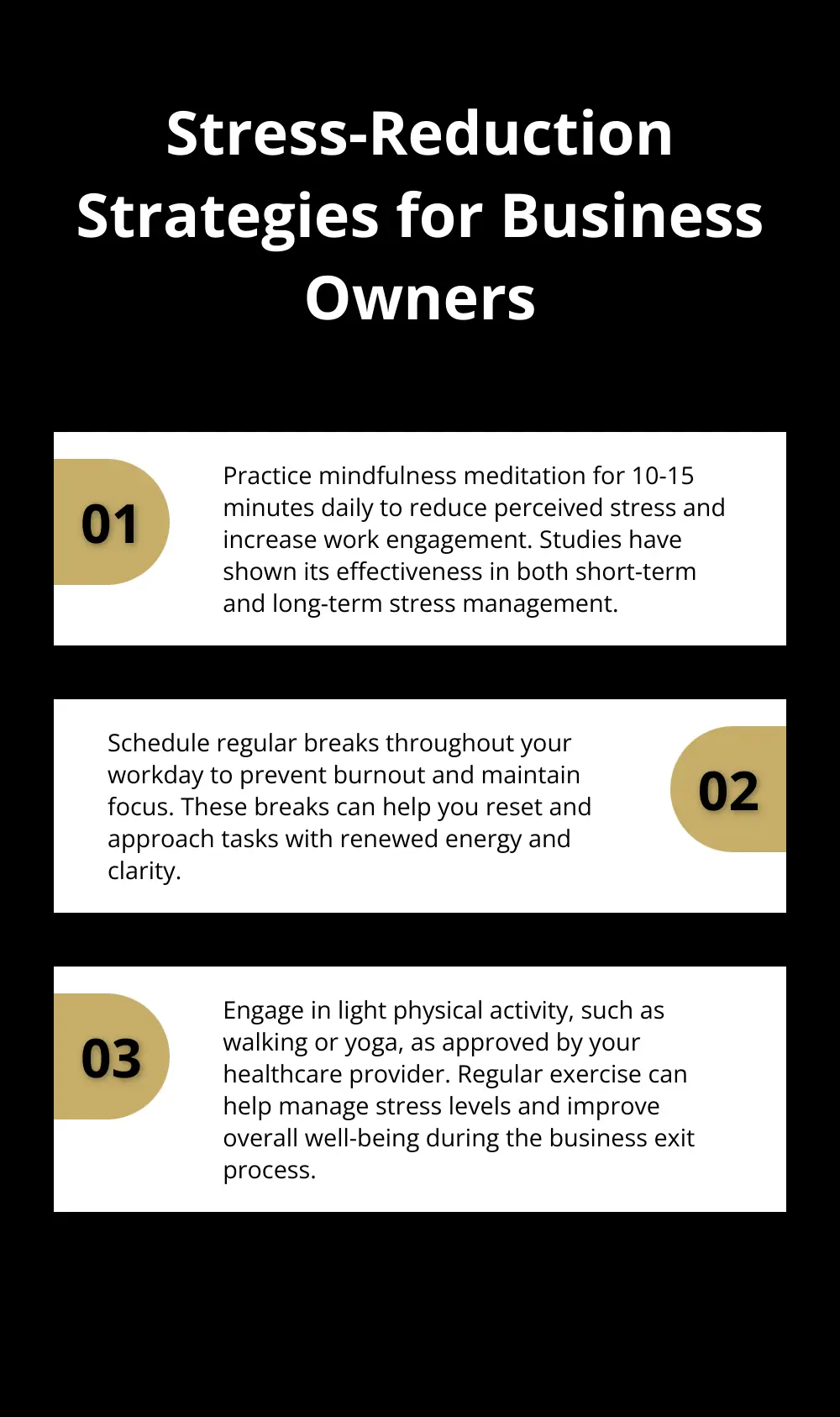 An ordered list chart showing three stress-reduction strategies for business owners: practicing mindfulness meditation, scheduling regular breaks, and engaging in light physical activity.